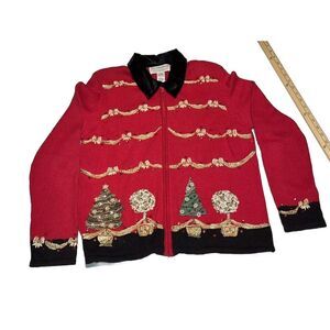 XL-90s Tiara International Ugly Xmas Cardigan Sweater Red Shoulder Pads